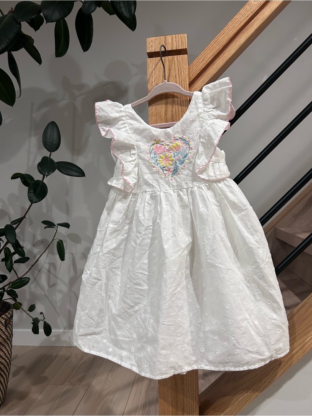 Joie White Eyelet Dress with embroidery Pink Trim and Floral Accent